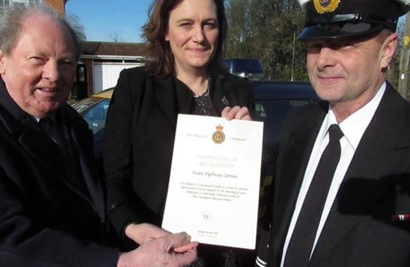 Rebecca and Councillor Ray Howard with Canvey Station Officer Mick Allwood