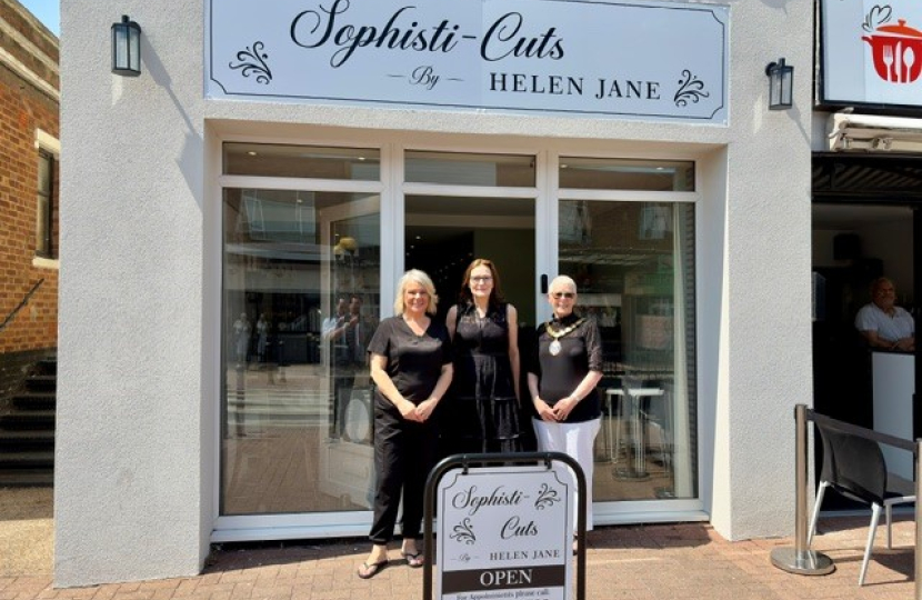 Helen, Rebecca, The Mayor outside the hair salon