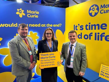 Rebecca Harris MP visiting Marie Curie's stand at Conservative Party Conference 2026